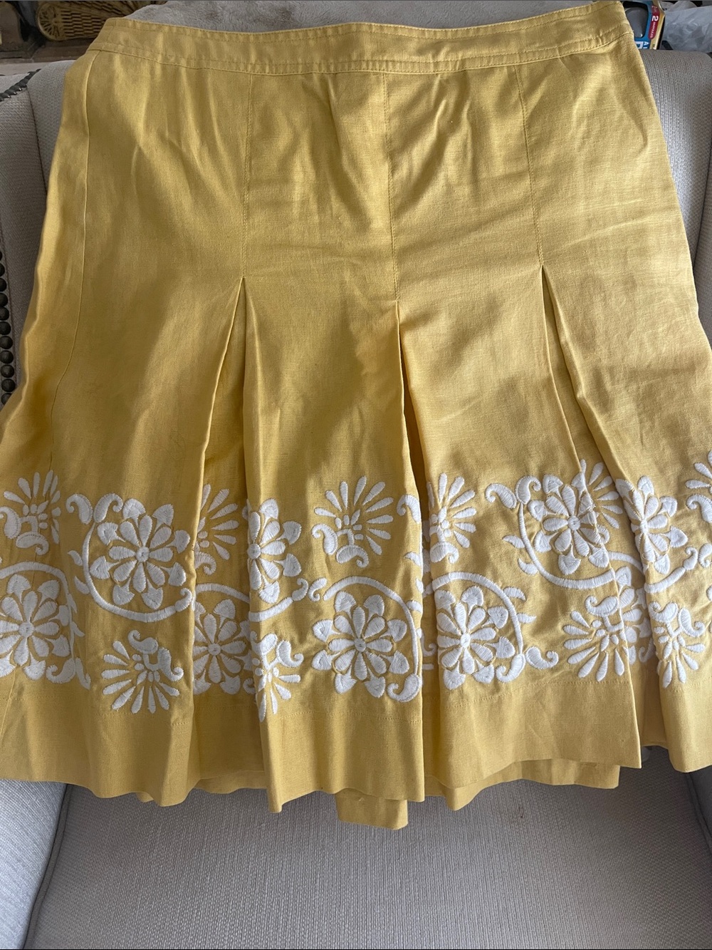 Ann Taylor Yellow A-Line Skirt with White Floral Embroidery